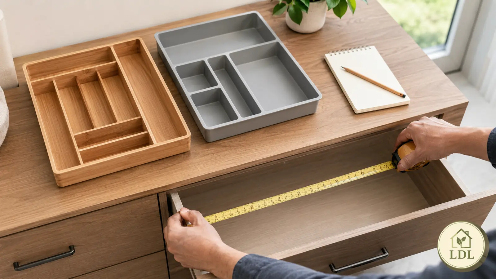 Two drawer organizers being evaluated while an empty drawer is measured.