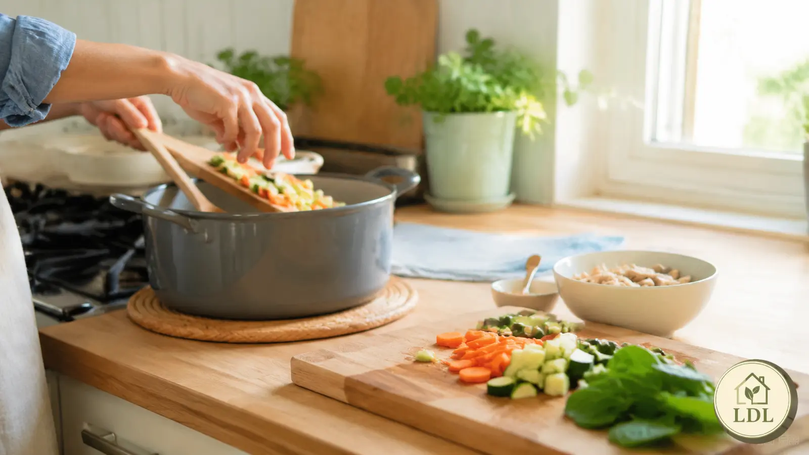 A simple everyday meal being assembled from prepared ingredients in a bright kitchen.